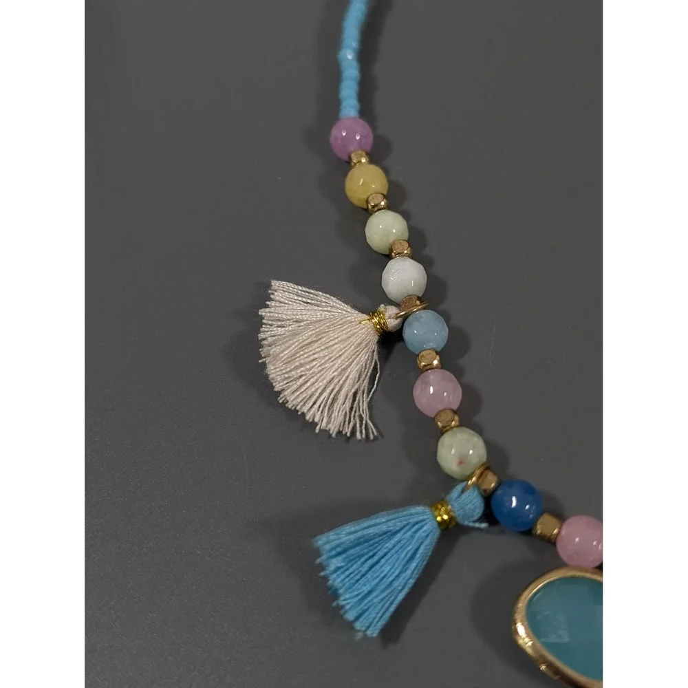 Boho Beachy Tassel Necklace Blue Pink Glass Beads‎ Layered Gold Tone 21 in